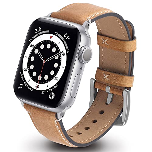 GerbGorb Apple Watch Armband Leder Kompatibel mit Apple Watch Armband 41mm 40mm 38mm Leder Ersatzarmband mit iWatch Serie SE SE2 8 7 6 5 4 3 2 1 Business Damen Herren Hellbraun/Silberne Schnalle