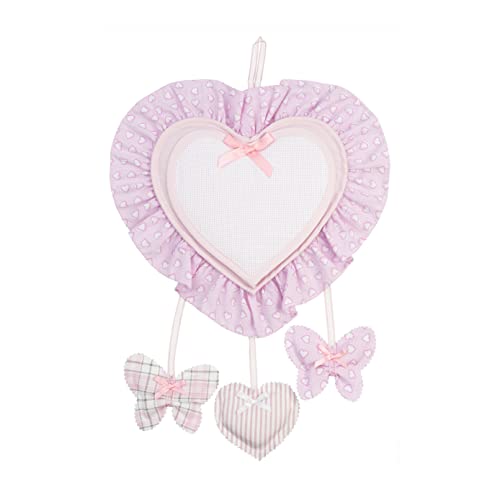 FILET - Aida Canvas Herzförmiges Geburtsband zum Sticken, mit Schmetterling und herzförmigen Anhängern, aus Baumwolle, ideal zum Aufhängen, 100% Made in Italy, Farbe Rosa