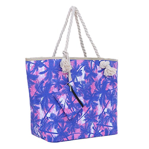 Große Strandtasche mit Reißverschluss 58 x 38 x 18 cm Palmen rosa blau Shopper Schultertasche Miami Florida Tasche