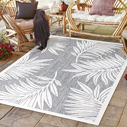 CC Teppich In-Outdoor Wetterfest - Grau Weiß - 200x290cm - Pflanzen Muster - Wetterfeste Balkonteppiche Terrassen Teppiche