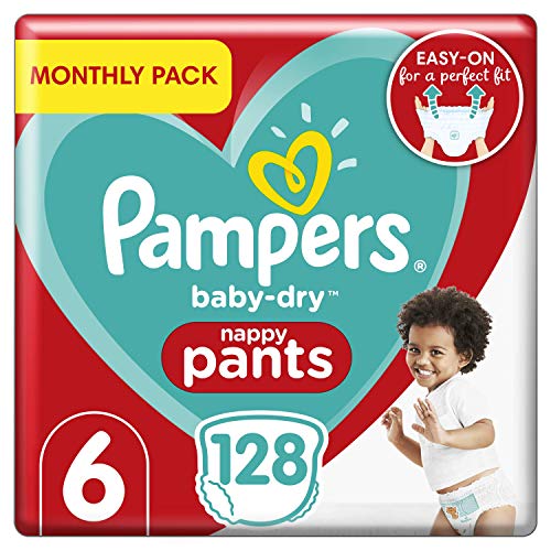 Pampers Baby-Dry Windelhose Größe 6, 128 Windelhöschen, 15+kg, Monatspackung, Easy-On mit Luftkanälen für bis zu 12 Stunden atmungsaktive Trockenheit