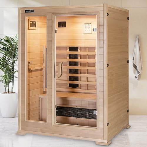 Hecht premium Infrarotkabine Sauna mit Vollspektrumstrahler, Keramikstrahler und Innenbeleuchtung für 2 Personen – 120x100x190 cm - Infrarotsauna mit MP3-Player und Radio