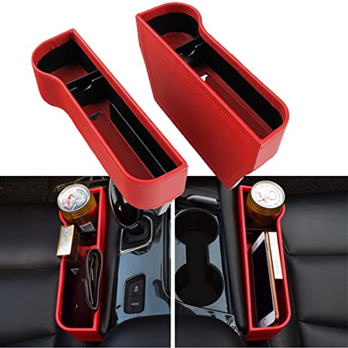 Seitentaschen-Organizer - Autositzfüller Gap Space Console Aufbewahrungsbox Flaschenbecherhalter Münzsammler mit Loch für USB-Kabel, / Car Interior Zubehör (rotes Leder)
