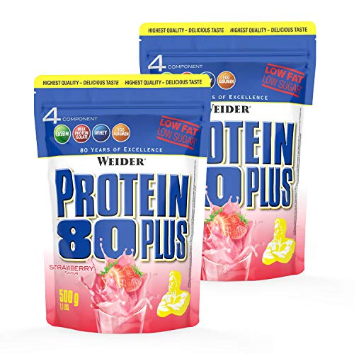 WEIDER Protein 80 Plus Eiweißpulver, 2 Pack, Erdbeer, Low-Carb, Mehrkomponenten Casein Whey Mix für Proteinshakes, 2x500g