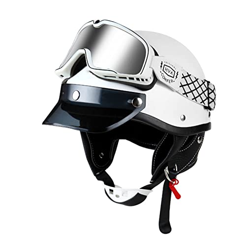 Retro Motorrad Half Helme Oldtimer Scooter Jet-Helm mit Goggles für Herren Damen Sicherheits Antikollisions Brain-Cap DOT/ECE-Zulassung Alle Jahreszeiten 1,XL=61-62cm