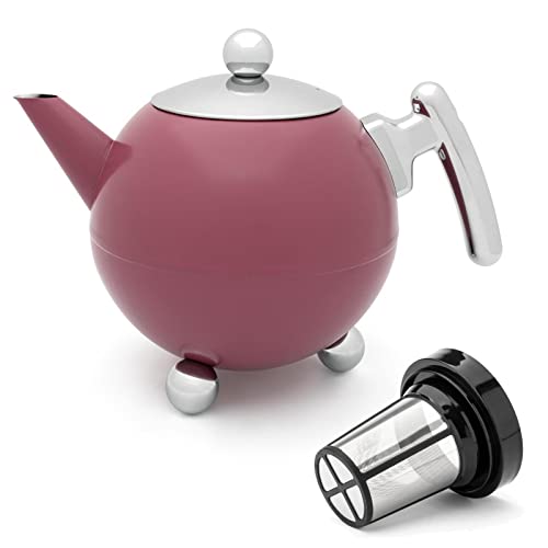Bredemeijer große doppelwandige Teekanne 1.2 Liter - rosa Edelstahl Kanne & Tee-Filter-Sieb-Aufsatz - für längeren Teegenuss