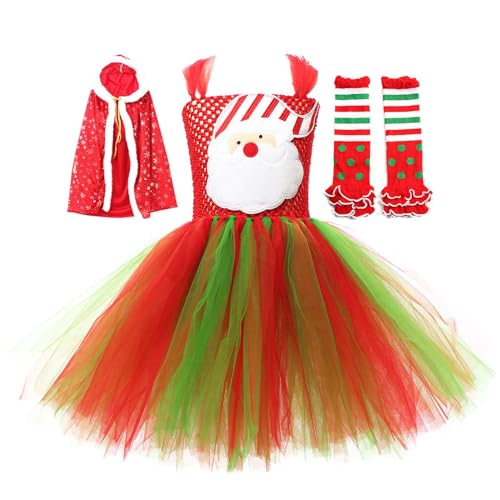EWOKE Weihnachtskostüme für kleine Mädchen, Weihnachts-Cosplay-Kleid, Weihnachts-Cosplay-Kleid, ärmelloses rotes Bühnenkleid mit Umhang, Weihnachtsmann-Tutu-Rock für 2–12 Jahre