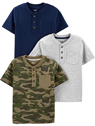 Simple Joys by Carter's Jungen Kurzärmeliges Henley-T-Shirt mit Tasche, 3er-Pack, Marineblau/Grau Meliert, Tarnmuster, 3 Jahre