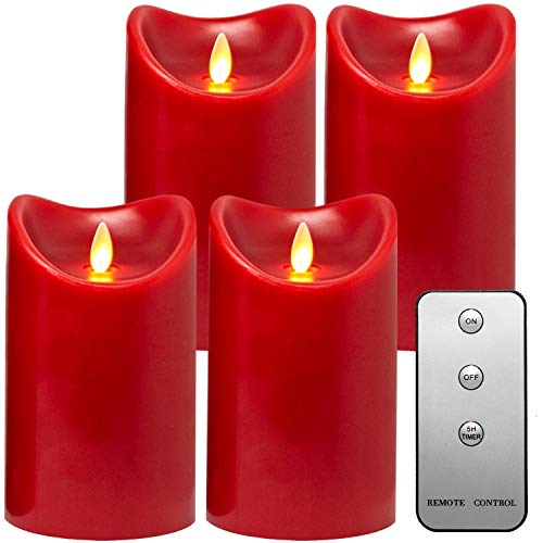 Tronje LED Echtwachskerzen 4er Set mit Timer u. Fernbedienung 15cm Kerzen mit beweglicher Flamme 1000 Std. Brenndauer (4er Set in Rot)…
