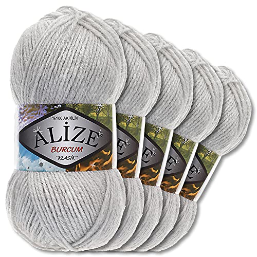 5x Alize 100 g Burcum Klasik Wolle (Hellgrau Melange 208)