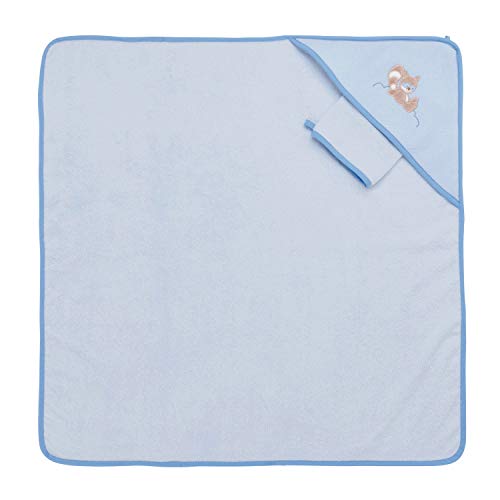 Nattou Kapuzenbadetuch und Waschhandschuh Waschbär Bob, 75 x 75 cm, Jim und Bob, Blau