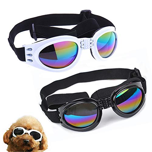 NA/ 2 Stück Hundebrille, verstellbarer Riemen, Hundebrille, Schutz für Reisen, Skifahren, UV-Schutz, wasserdichte Sonnenbrille für Hunde (schwarz, weiß)