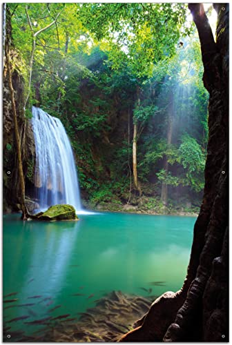 Wallario Garten-Poster Outdoor-Poster - Wasserfall im Wald am See Idylle in Thailand in Premiumqualität, Größe: 61 x 91,5 cm, für den Außeneinsatz geeignet