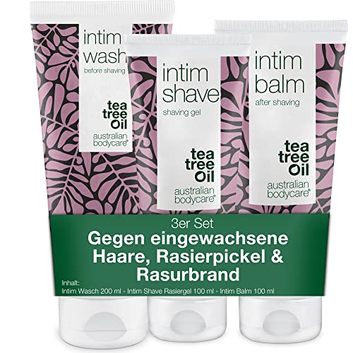 Australian Bodycare 3er Intimrasur Set gegen eingewachsene Haare, rote Pickel & Rasurbrand nach Haarentfernung | Waschlotion Intim Wash 200ml, Intim Shave Rasiergel 100ml & Intim Balm Aftershave 100ml