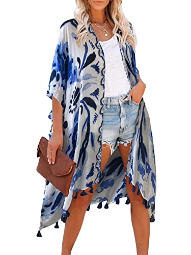 HIKARO Amazon-Marke Damen Floral Lange Kimono Cardigan Bademode Cover Ups Druck Boho Strand Bikini Front Open Loose Shawl Bluse
