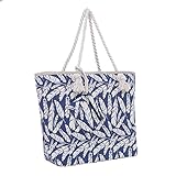 Große Strandtasche mit Reißverschluss 58 x 38 x 18 cm Federn blau beige Shopper Schultertasche Beach Style