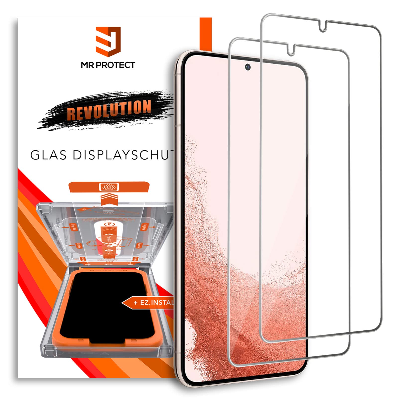 MR PROTECT REVOLUTION Displayschutzglas kompatibel mit Samsung Galaxy S23 Plus, [2 Stück], [EZ.Install Montage-Box] 3D Full Cover Schutzglas, [9H Härte], [Staub- und Blasenfrei], [Ultraklar]