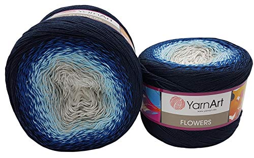 YarnArt Flowers 500 Gramm Bobbel Wolle Farbverlauf, 55% Baumwolle, Bobble Strickwolle Mehrfarbig (schwarz grau blau weiß 261-1)