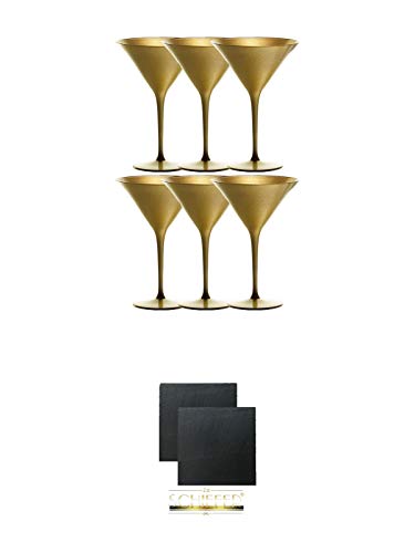 Stölzle Cocktail-und Martiniglas Olympic Serie 6 Gläser in gold - 1408325 + Schiefer Glasuntersetzer eckig ca. 9,5 cm Ø 2 Stück