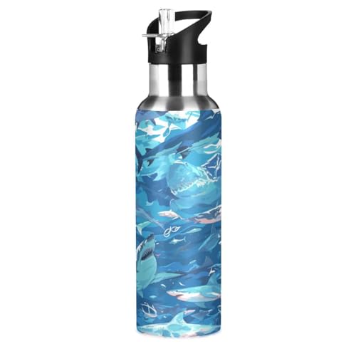 Blaue Seefischhaie Trinkflasche Wasserflasche mit Strohhalm für Sport, 600ML Thermosflasche BPA-frei Isolierflasche Edelstahl 18/8 für Kinder Wandern Schule