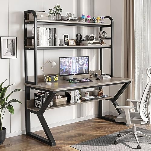 GArcan Computertisch mit Stall und Regal, PC-Studientisch, Heimbüro, Arbeitstisch für Erwachsene/Studenten (47 Zoll, grau + schwarzer Rahmen)
