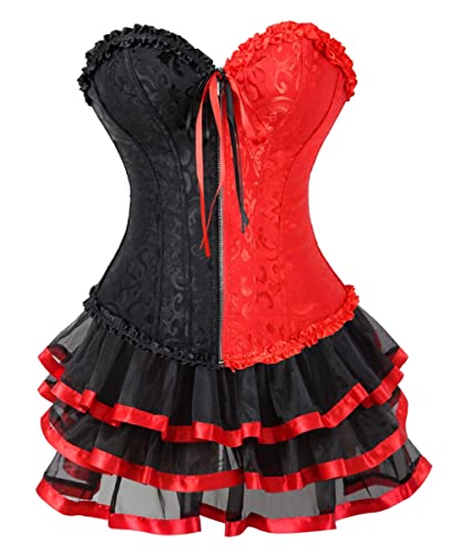 KUOSE Moulin Rouge Gothic Corsagenkleid Korsett Spitenrock Übergrößen S-6XL (EUR(36-38) L, Rot-3)