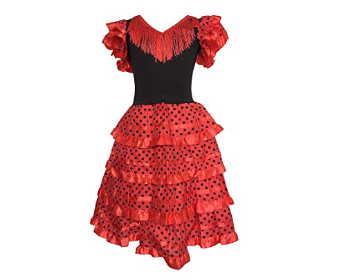 La Senorita Spanische Flamenco Kleid/Kostüm - für Mädchen/Kinder - Rot/Schwarz (Größe 128-134 - Länge 85 cm- 7-8 Jahr, Mehrfarbig)