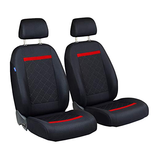 Zakschneider Sitzbezüge für Kangoo - Vorne Sitzbezüge - für Fahrer und Beifahrer - Farbe Premium Schwarz Gepresstes Karomuster mit Roten Strich