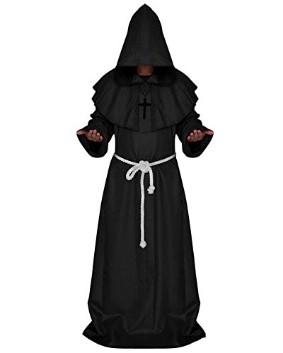 GladiolusA Erwachsene Mittelalter Mönch Robe Mit Kapuze Cosplay Halloween Karneval Fasching Kostüm Party Kleid Schwarz L