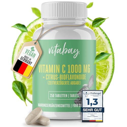 Vitabay Vitamin C hochdosiert 1000mg + Bioflavonoide VEGAN - 250 Ascorbinsäure Vitamin C Tabletten natürliches Vitamin C gepuffert 1000mg - Hochdosiertes gepuffertes Vitamin Vit C Kapseln C+ natürlich