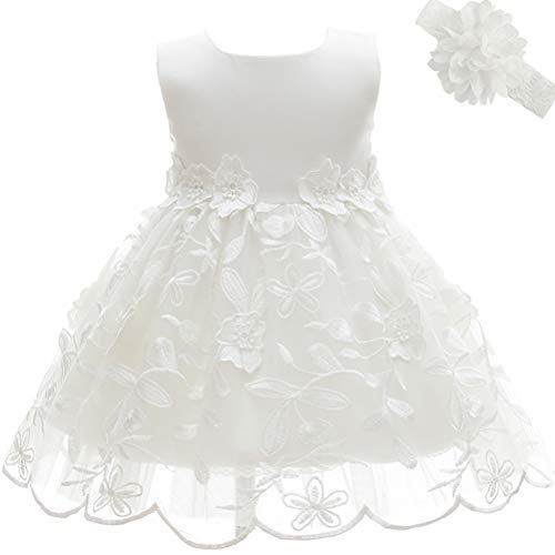 AHAHA Baby Mädchen Prinzessin Kleid Blumenmädchenkleid Taufkleid Festlich Kleid Hochzeit Partykleid Festzug Babybekleidung 3M/0-5Monat Weiß 2