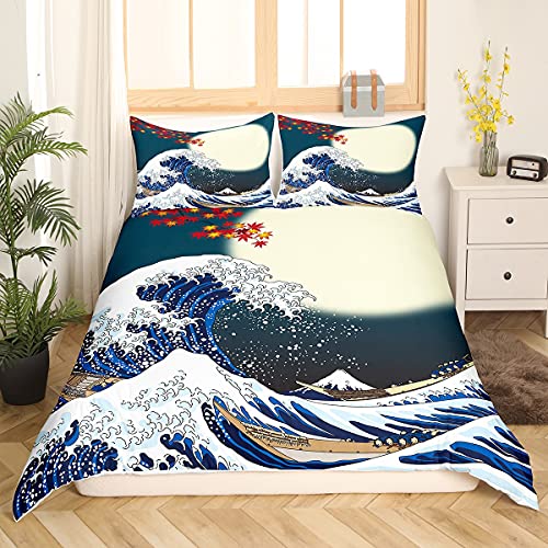 Loussiesd Japanisches Hokusai Muster Bett Set Exotisches Bettbezug Set im japanischen Stil Blue Wave Muster Bettwäsche Set 200x200cm für Kinder Frauen Erwachsene Fuji Mountain Gedruckt