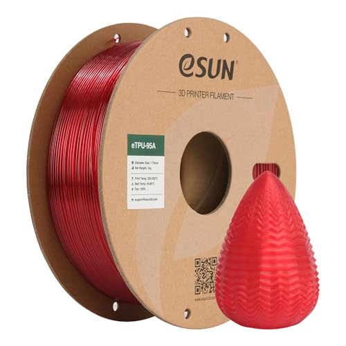 eSUN TPU 95A Filament 1.75mm, Flexible TPU 3D Drucker Filament, Maßgenauigkeit +/- 0.05mm, 1KG (2.2 LBS) Spule für 3D Drucker in Vakuumverpackung，Transparent Rot，1KG