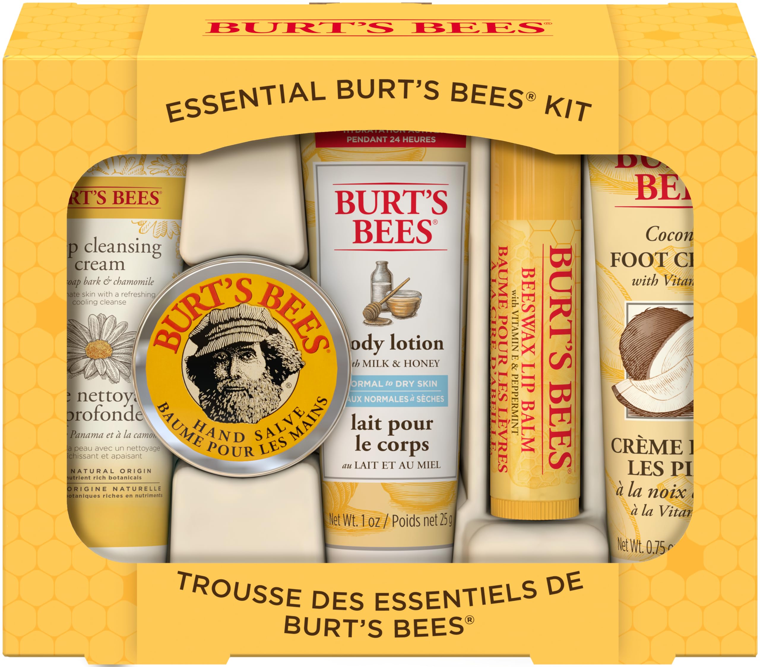 Burt's Bees Geschenkset, mit 5 Produkten in Reisegröße - Tiefwirksame Reinigungscreme, Handcreme, Bodylotion, Fußcreme und Lippenbalsam | 5 Stück (1er Pack)