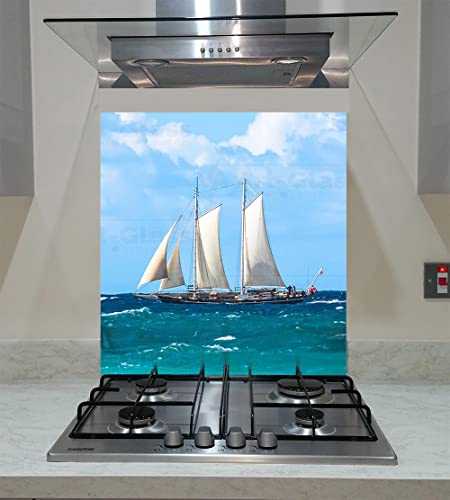 Spritzschutz, Panel Küche, gehärtetes Glas, Segelboot auf dem blauen Choppy Ocean, jede Größe, Va Art Glas (Breite 70 x Höhe 70 cm)
