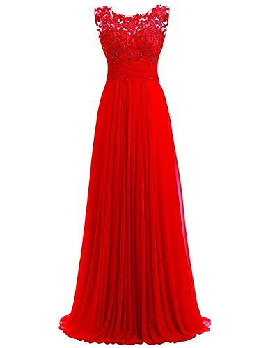 Beyonddress Damen Chiffon Perlstickerei Abendkleider Lange Elegant HochzeitsKleid Spitze Cocktailkleider(Rot,40)