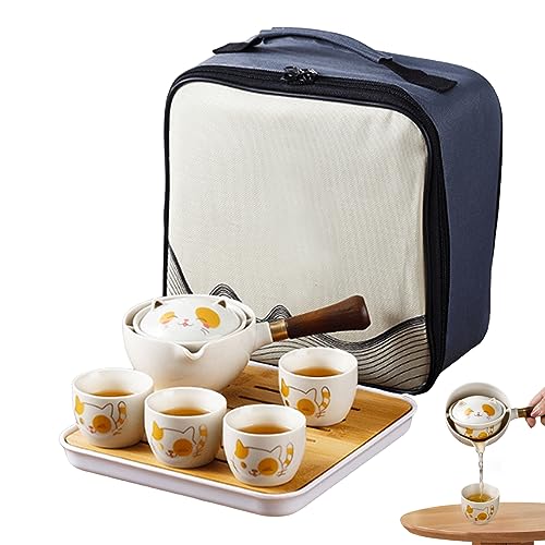 Reise Tee Set Tee Pot Set Travel Tee Set 7pcs/Set Keramik Süßes Katze Tragbares chinesisches Tee -Set mit 360 Rotationstekanne und Infuser, 4 Teetassen Bambus -Tee -Tablett und Tragetasche für Tee Ma