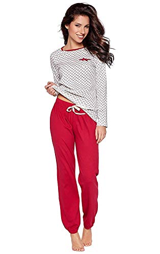 Moonline moderner und bequemer Damen Schlafanzug, aus 100% weicher Baumwolle, Creme-rot-Herzchen, Gr. M