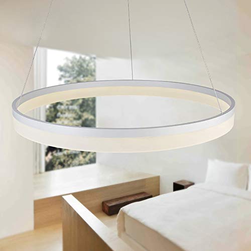 Einzelkreis LED Pendelleuchte Modern Metall Acryl 1-Licht Kronleuchter Verstellbar Hängend Hängelampe Für Wohnzimmer Schlafzimmer,White+SteplessDimming-40cm