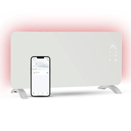 FlinQ Smart Elektrische Heizung 2000w - Glas Design Weiß - Konvektor Heizung Wandmontage und standfest - Timer, Sprach- und App-steuerung - Google Assistent und Alexa