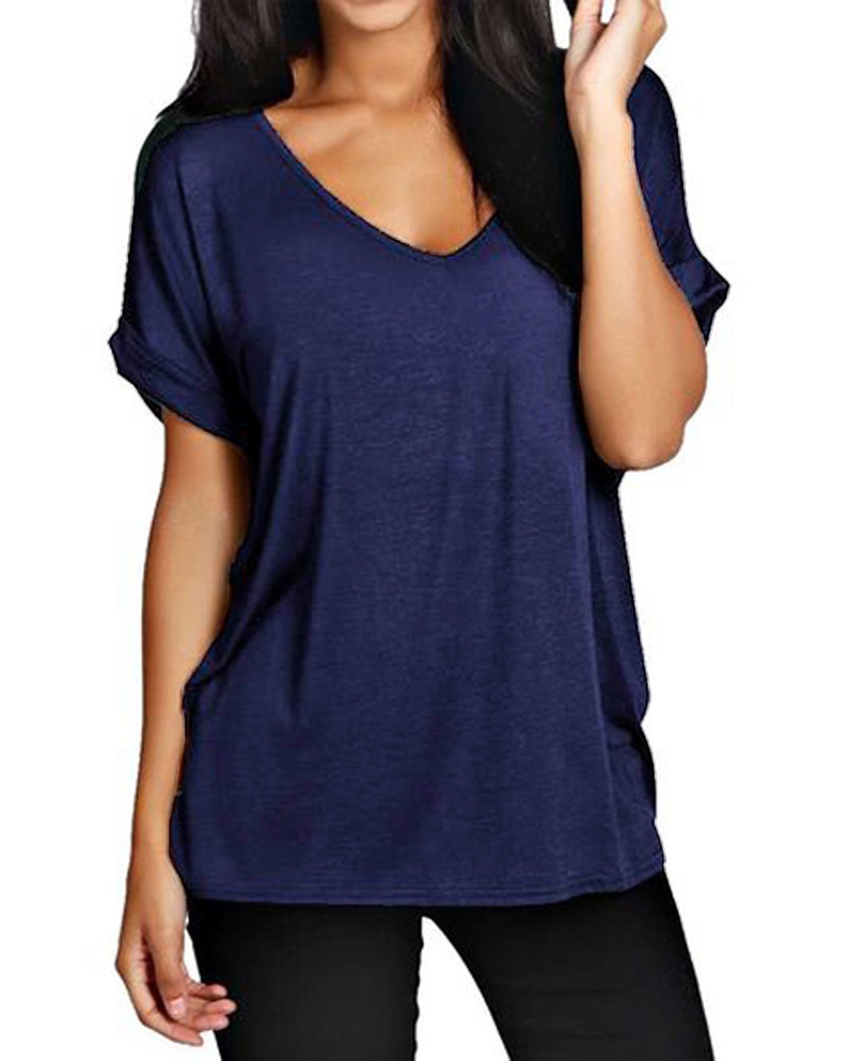 ZANZEA Damen V-Ausschnitte Kurz Fledermausärmel Lose T-Shirt Tops Bluse Navy EU 38-40/Etikettgröße M