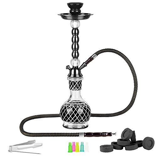 Mianova Orientalische Wasserpfeife Shisha Hookah Set 47cm Tribal 1 Schlauch inkl. Kohle 5 Mundstücke Zange Schwarz