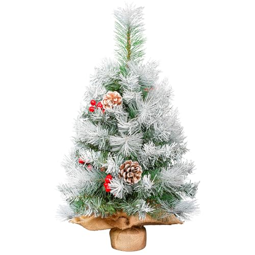 Weihnachtsbaum mit Schnee klein, Uten Tannenbaum geschmückt mit Tannenzapfen und rote Beeren, Zementbasis, Weihnachtsdeko, Geschenk