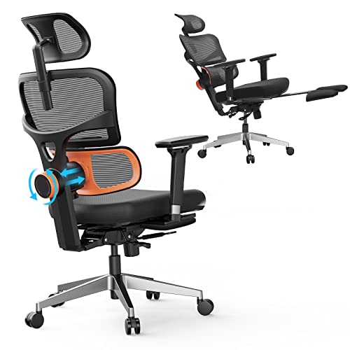 Ergonomischer Bürostuhl mit Fußstütze - Schreibtischstuhl mit hoher Rückenlehne mit einzigartiger Verstellbarer Lordosenstütze, Rückenlehne, Sitztiefenverstellung, 4D-Armlehnen-Stuhl (Pro)
