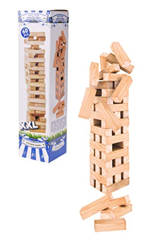 Holz Wackelturm in XXL Ausführung - 60 Steine mit jeweils 12 x 4 cm - Holz Stapelspiel Geschicklichkeitsspiel Kinder Spiel für Innen & Außen