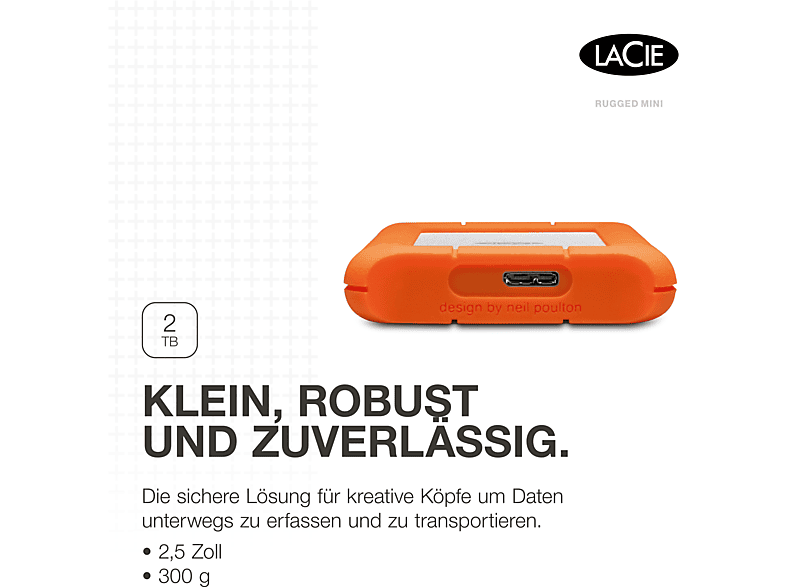 LACIE Rugged Mini, 2 TB HDD, 2,5 Zoll, extern, Silber/Orange