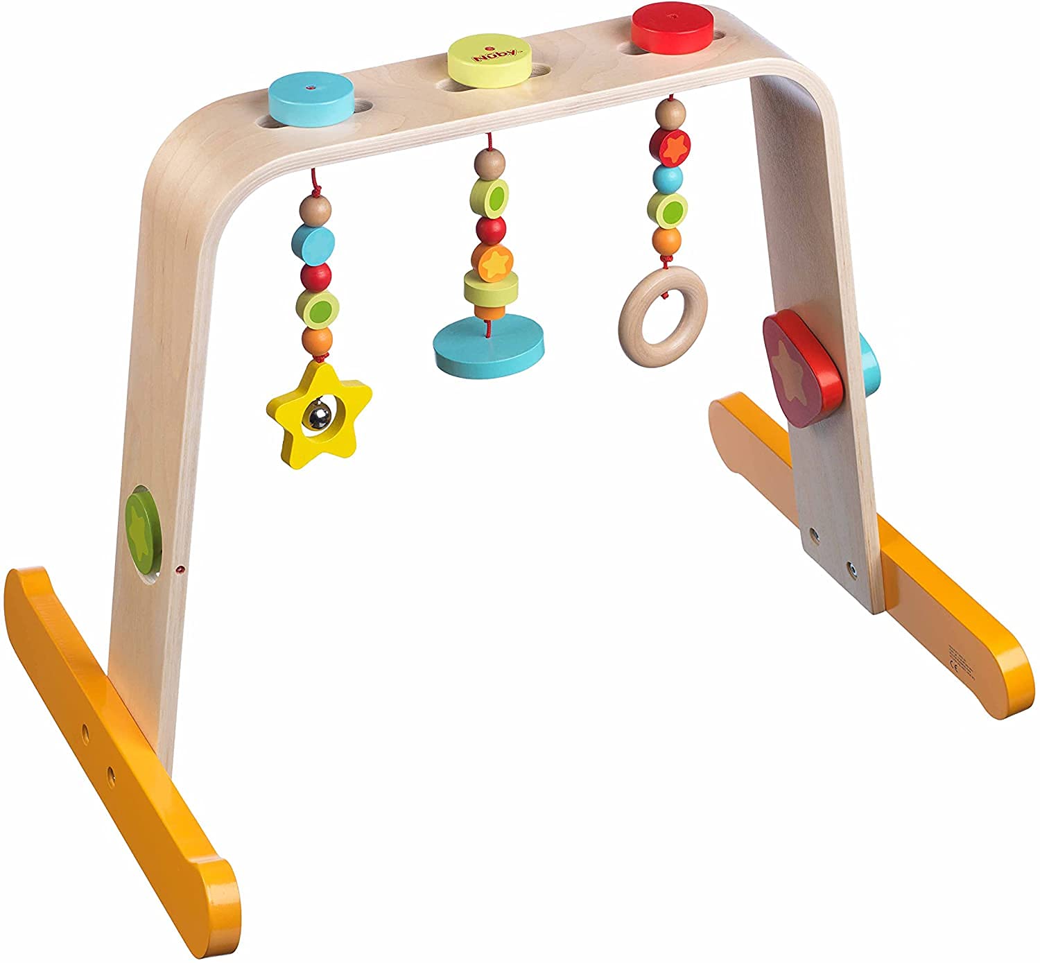 Nuby - Babygymnastikcenter aus 100% Holz – mit interaktivem Zubehör - Glocke, Spiegel und verschiedene Formen und Farben - FSC zerfitiziert - Multicolor - 0+ Monate