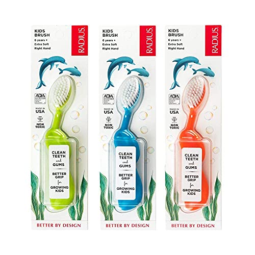 RADIUS Kidz Zahnbürste für Kinder, Rechtshänder, BPA-frei, ADA, zur Reinigung von Zähnen und Zahnfleisch für Kinder ab 6 Jahren, Grün, Blau, Orange, 3 Stück