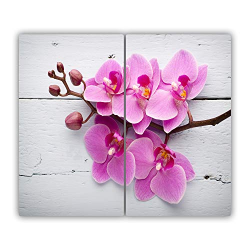 Tulup Schneidebrett Herdabdeckplatte Kochplattenabdeckung Gehärtetes Glas Spritzschutz Abdeckung 2x30x52 cm Rosa - Orchidee auf Holz