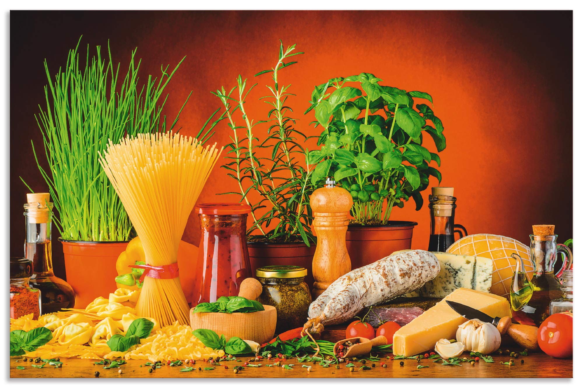ARTland Spritzschutz Küche aus Alu für Herd Spüle 100x65 cm (BxH) Küchenrückwand mit Motiv Essen Lebensmittel Gemüse Kunst Mediterran Italienisch Bunt S7SM